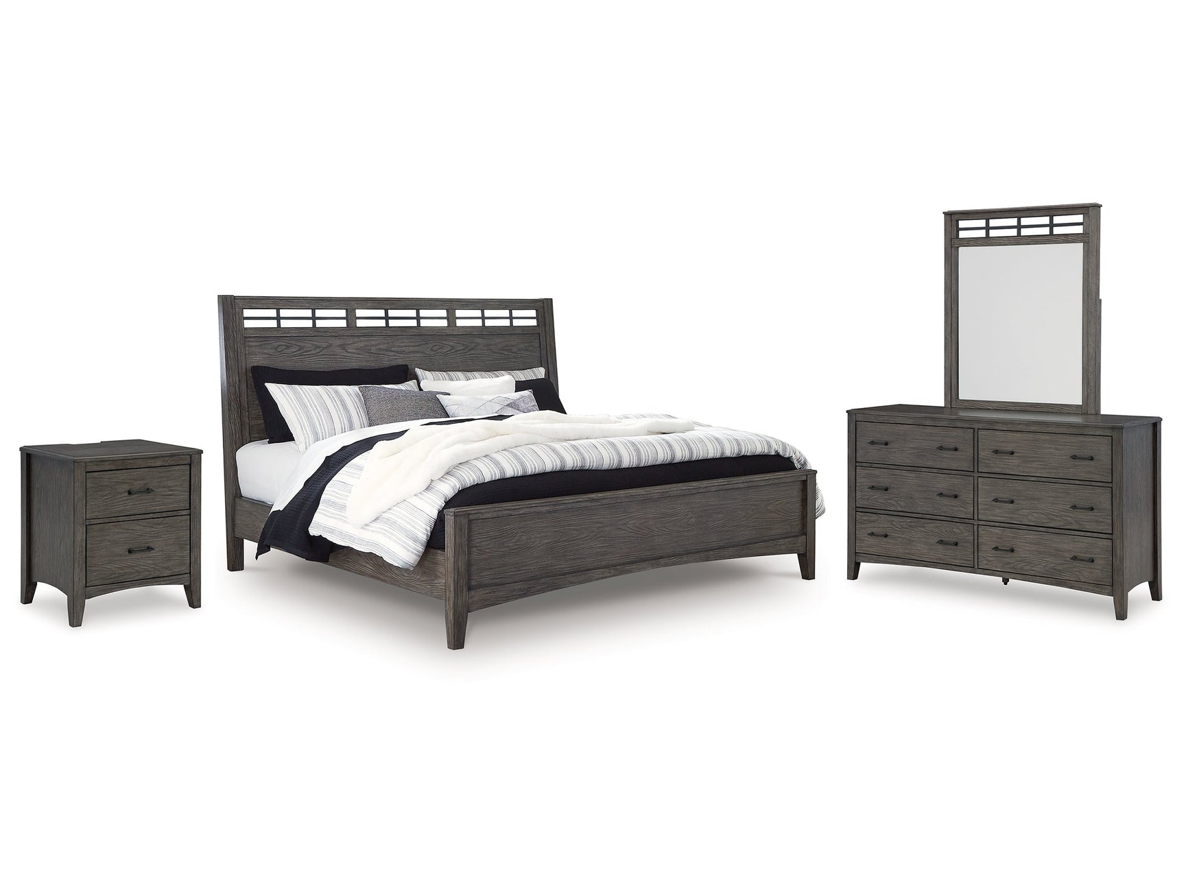 Montillan Grayish Brown Queen Panel Bedroom Set with Dresser, Mirror and Nightstand - Ornate Home