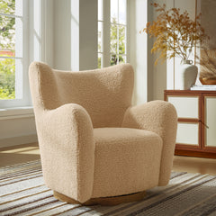 Montrose Ivory/Walnut Wingback Sherpa Swivel Accent Chair - Ornate Home