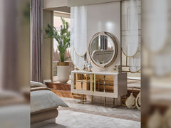 Monza Cream/Gold Bedroom Set (Queen Frame With Headboard & Dresser With Mirror & 2 Nightstand) - Ornate Home