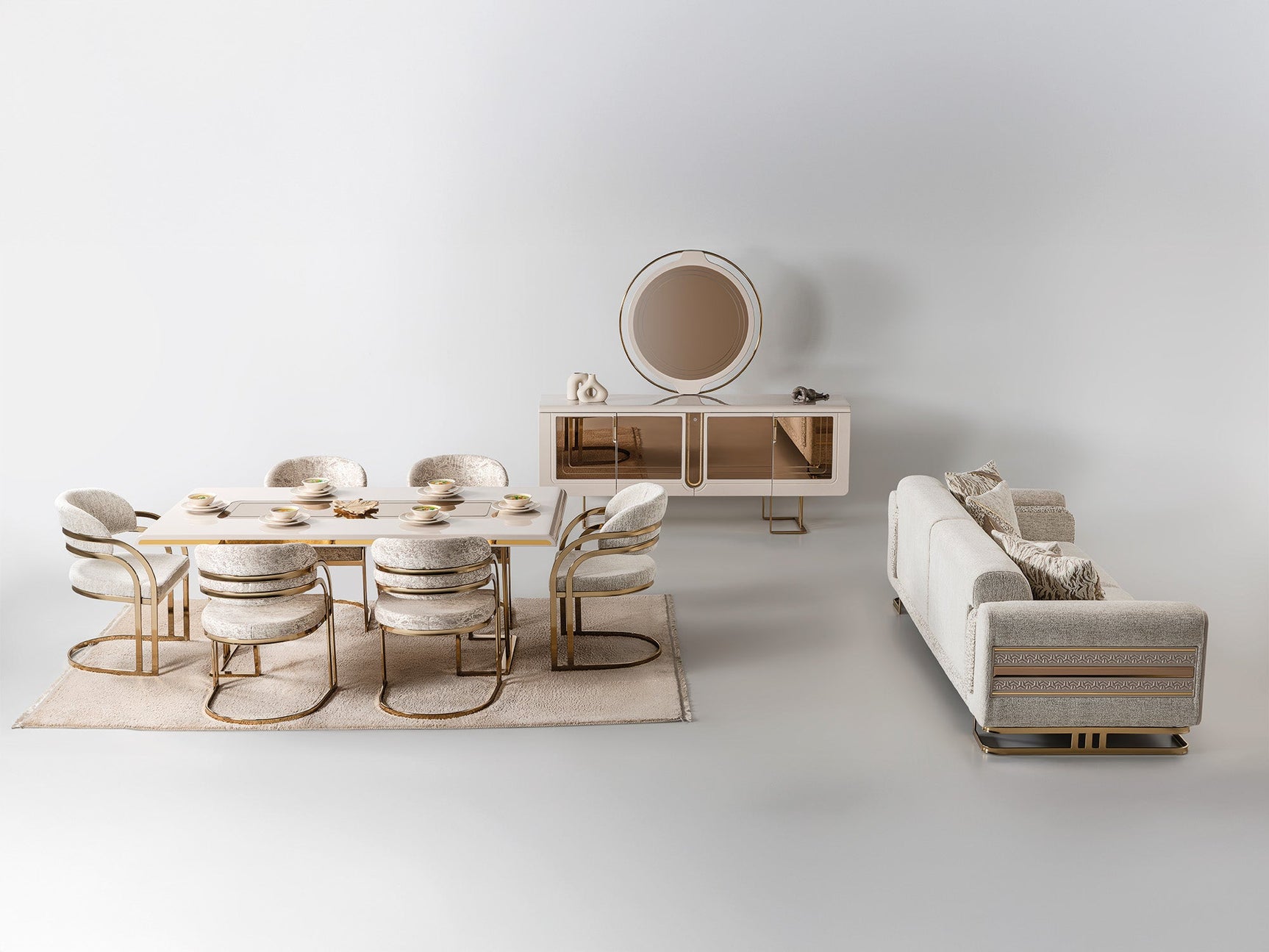 Monza Cream Dining Room Set (Consol With Mirror & Dining Table & 6 Dining Chair)