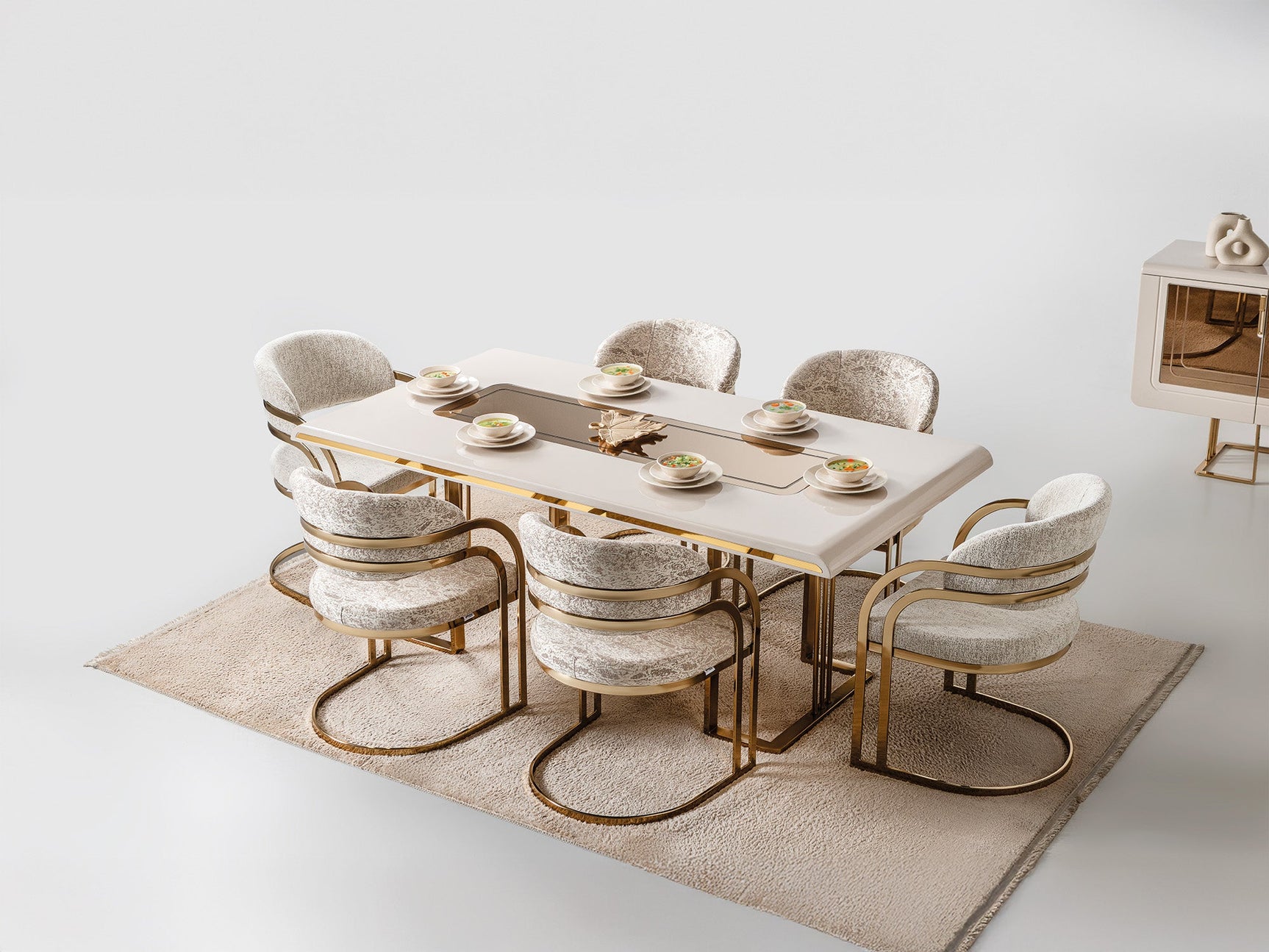 Monza Cream Dining Room Set (Consol With Mirror & Dining Table & 6 Dining Chair)