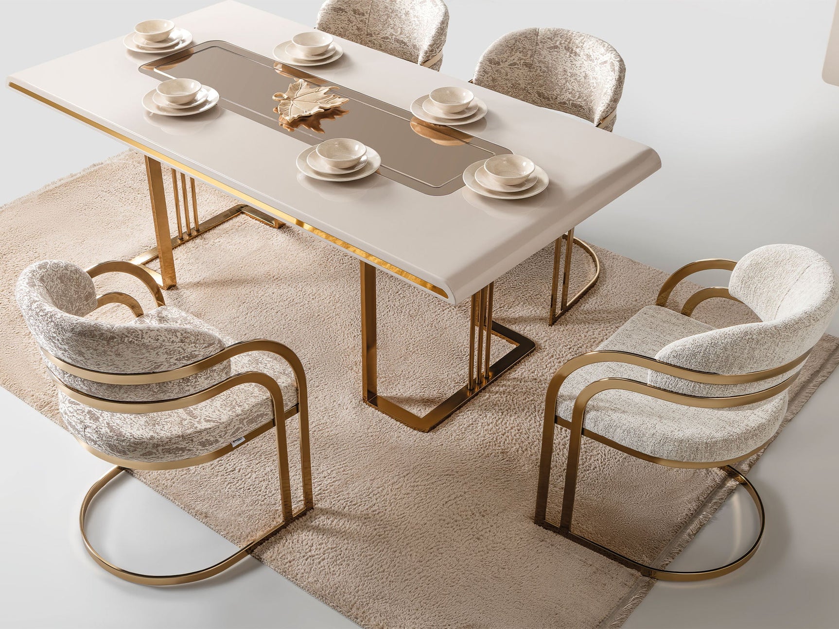 Monza Cream Dining Room Set (Consol With Mirror & Dining Table & 6 Dining Chair)