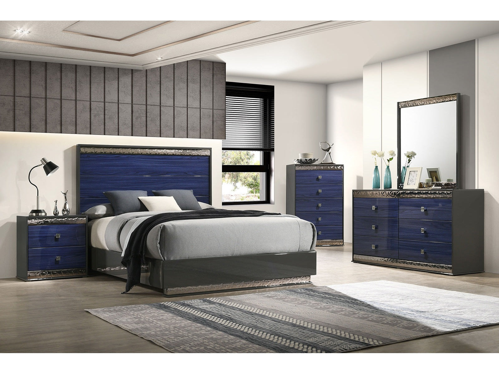 Morcote Ash Gray/Indigo Blue Queen 4 Piece Bedroom Set - Ornate Home