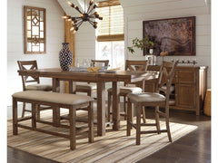 Moriville Grayish Brown Counter Height Dining Table with 6 Barstools and Bench - Ornate Home