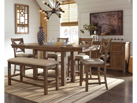 Moriville Grayish Brown Counter Height Dining Table with 4 Barstools, Bench, and Server - Ornate Home