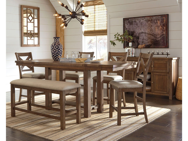 Moriville Grayish Brown Counter Height Dining Table with 4 Barstools, Bench, and Server - Ornate Home