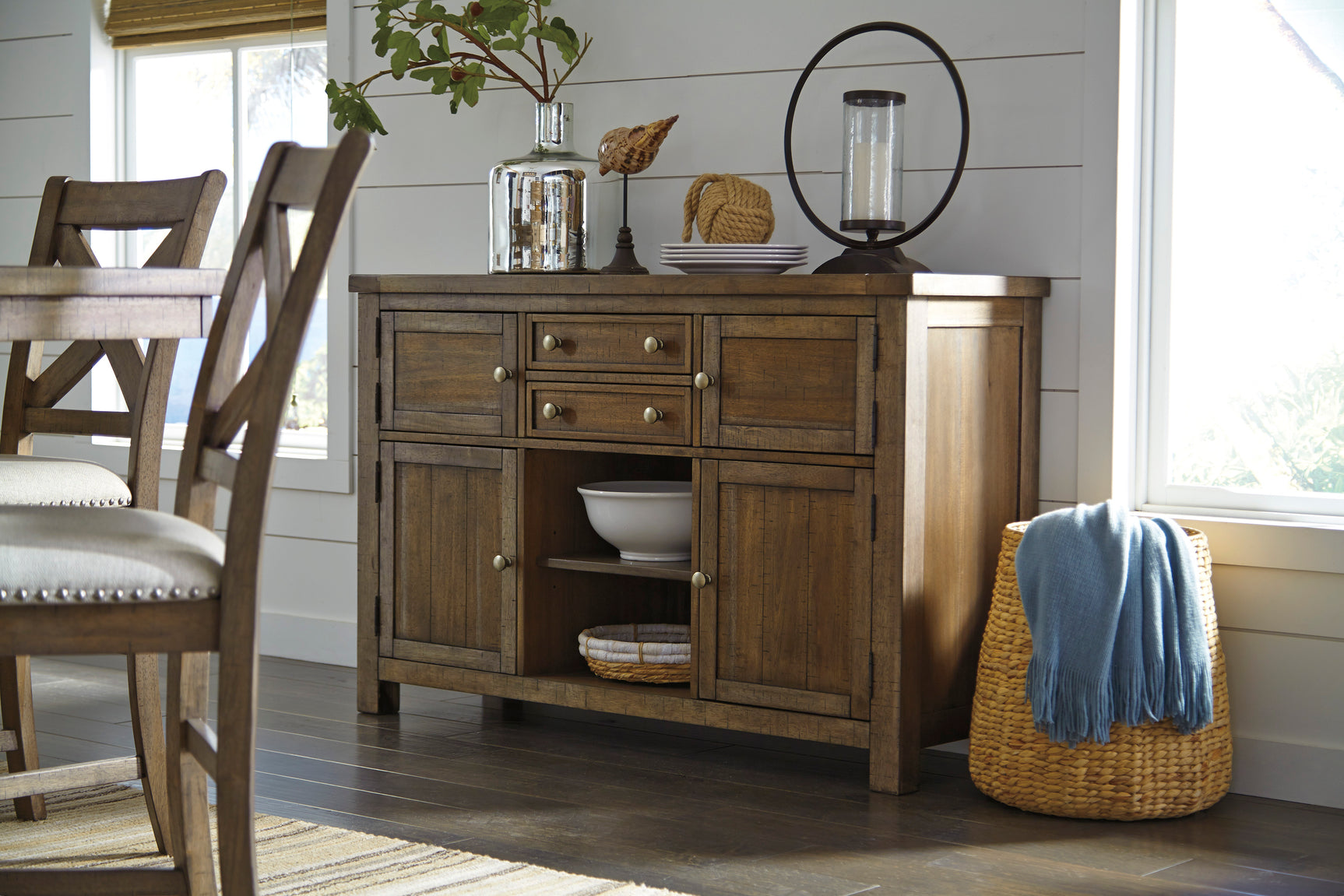 Moriville Grayish Brown Counter Height Dining Table with 4 Barstools, Bench, and Server - Ornate Home