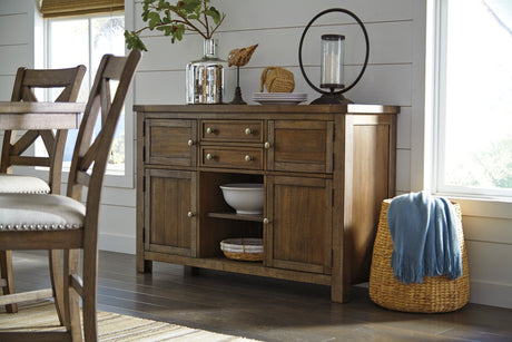 Moriville Grayish Brown Counter Height Dining Table with 4 Barstools, Bench, and Server - Ornate Home