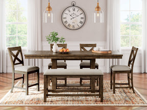 Moriville Grayish Brown Counter Height Dining Table with 4 Barstools and Bench - Ornate Home
