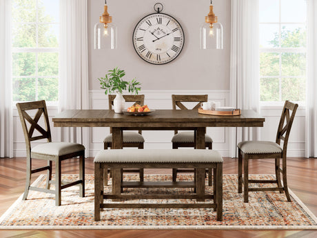 Moriville Grayish Brown Counter Height Dining Table with 4 Barstools and Bench - Ornate Home