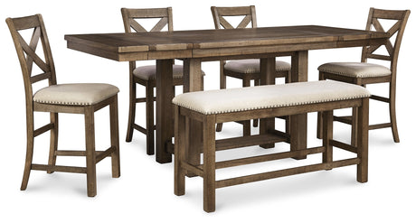 Moriville Grayish Brown Counter Height Dining Table with 4 Barstools and Bench - Ornate Home