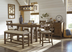 Moriville Grayish Brown Counter Height Dining Table with 6 Barstools and Bench - Ornate Home