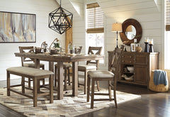 Moriville Grayish Brown Counter Height Dining Table with 6 Barstools and Bench - Ornate Home