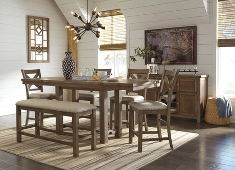 Moriville Grayish Brown Counter Height Dining Table with 6 Barstools and Bench - Ornate Home