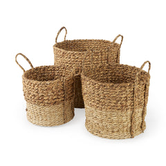 Morocco Brown Two Tone Water Hyacinth and Cornhusk Round Basket with Handles (Set of 3) - Ornate Home