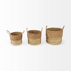 Morocco Brown Two Tone Water Hyacinth and Cornhusk Round Basket with Handles (Set of 3) - Ornate Home