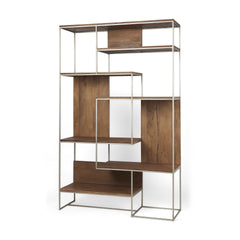 Morris Brown/Silver Wood and Metal Frame 6 Shelf Shelving Unit