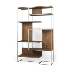 Morris Brown/Silver Wood and Metal Frame 6 Shelf Shelving Unit