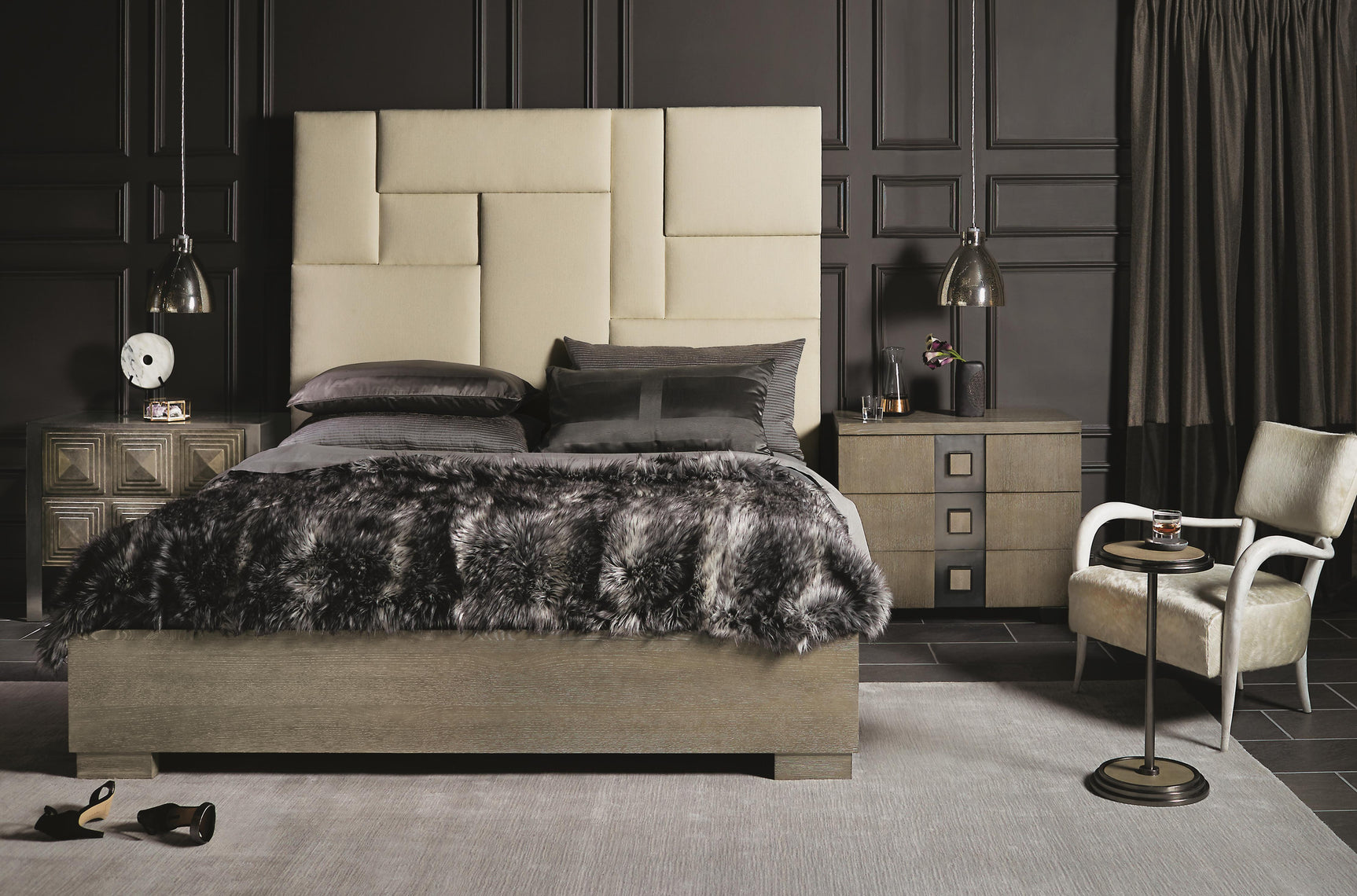 Mosaic Dark Taupe/White/Cream Queen Panel Bed - Ornate Home