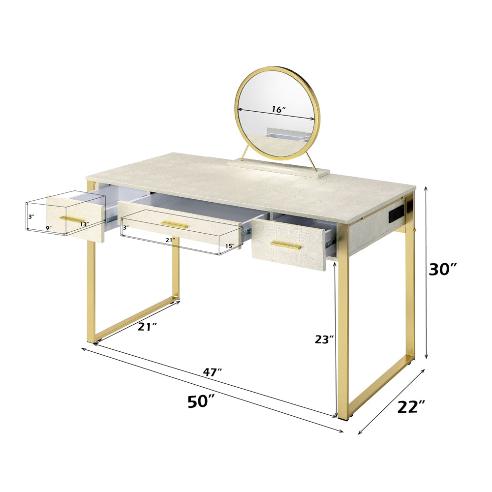 Myles Antique White/Champagne Vanity Set w/USB - Ornate Home