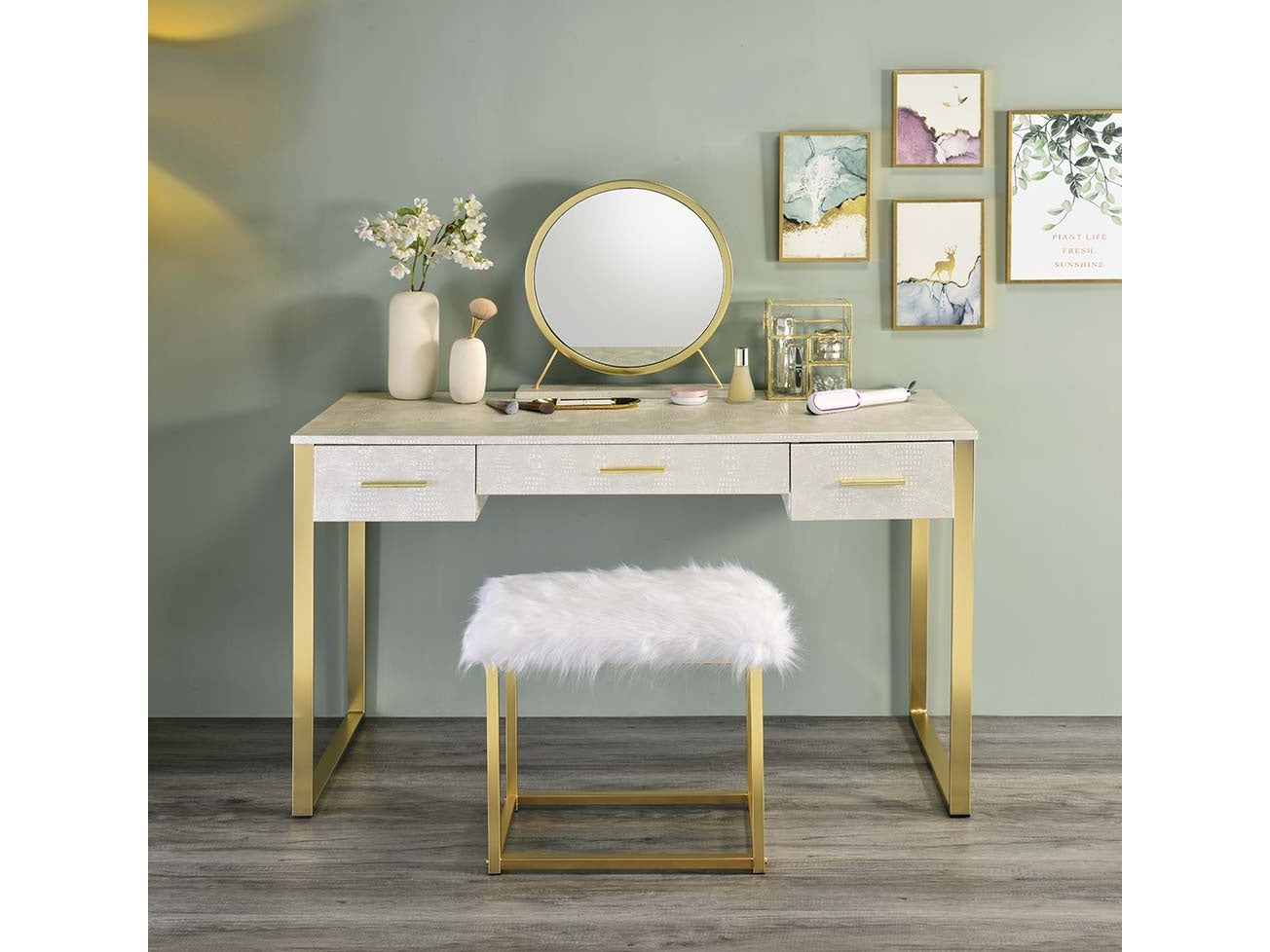 Myles Antique White/Champagne Vanity Set w/USB - Ornate Home