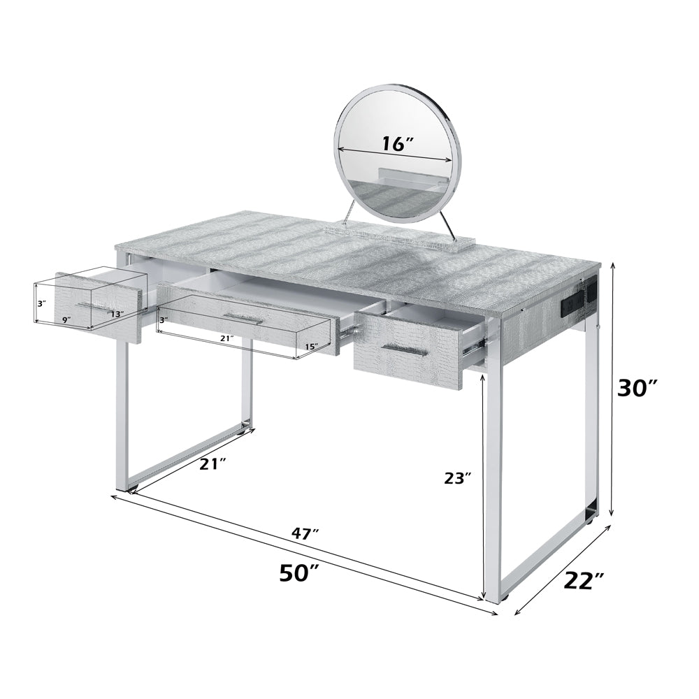 Myles Antique White/Chrome Vanity Set w/USB - Ornate Home