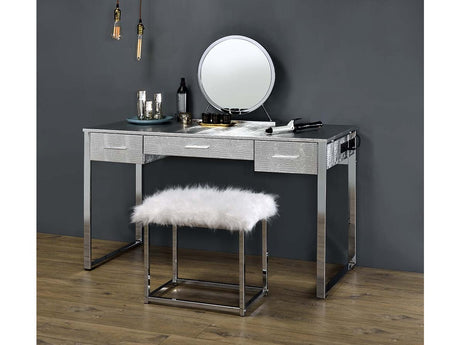 Myles Antique White/Chrome Vanity Set w/USB - Ornate Home