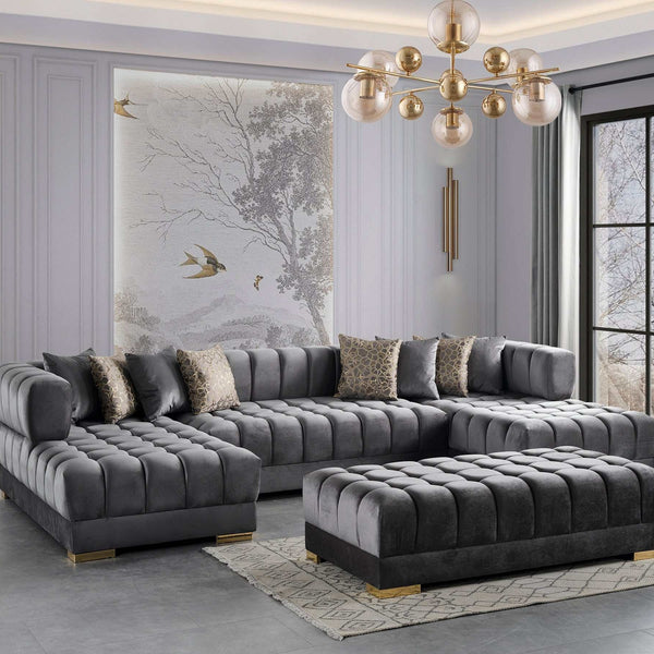 Ariana Gray Velvet Double Chaise U Shape Sectional Sofa