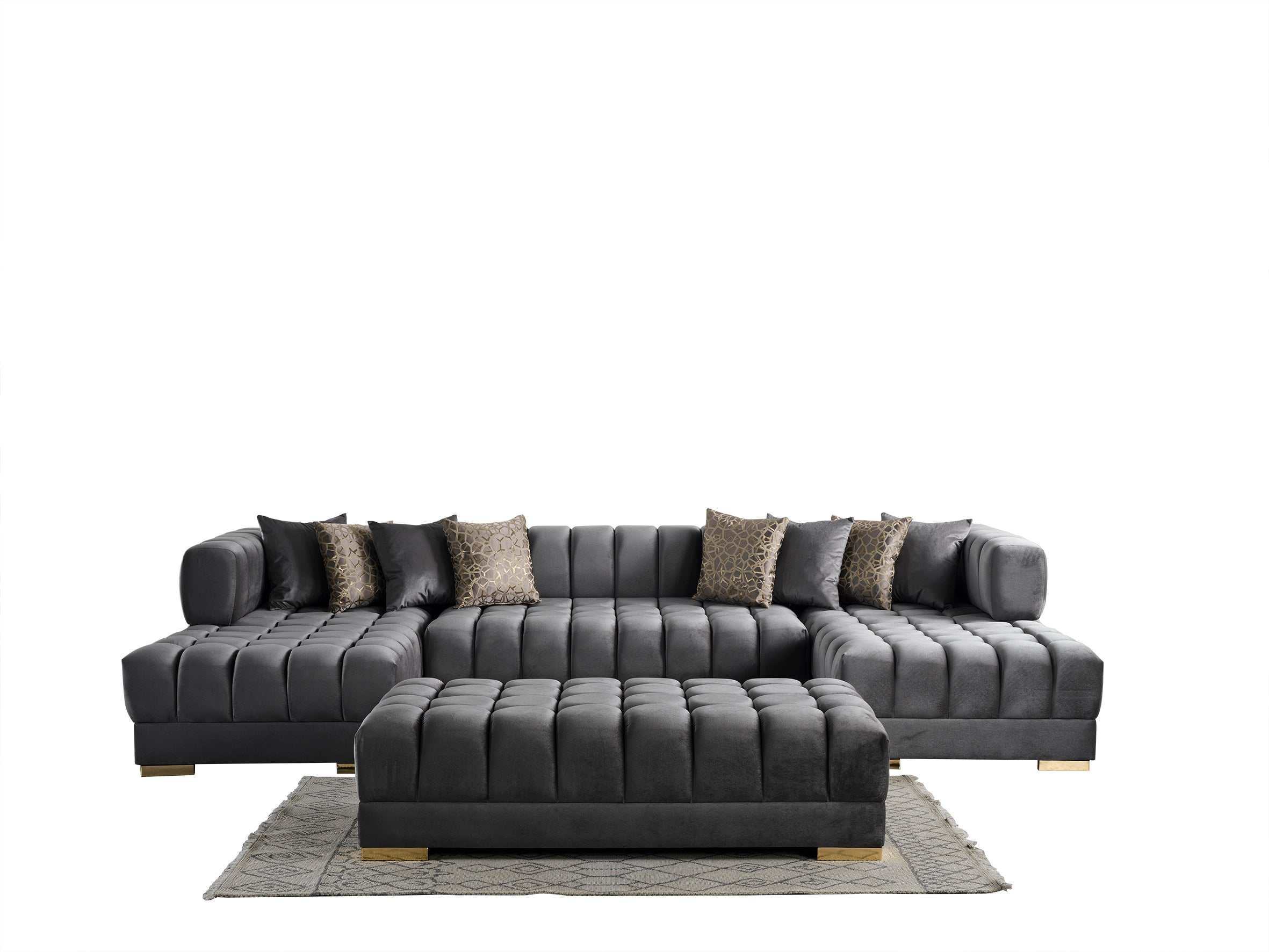 Ariana Gray Velvet Double Chaise "U" Shape Sectional Sofa - Ornate Home