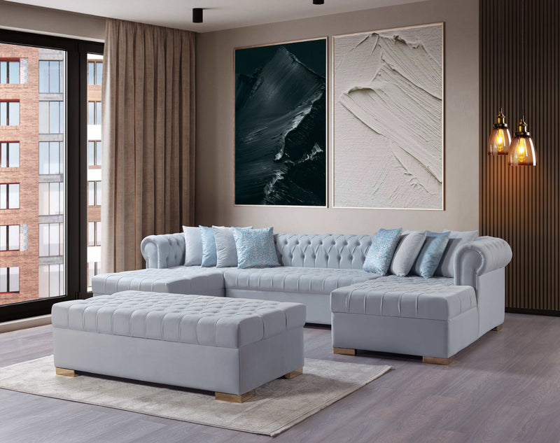 Eleanor Pearl White Velvet Double Chaise "U" Shape Sectional Sofa - Ornate Home