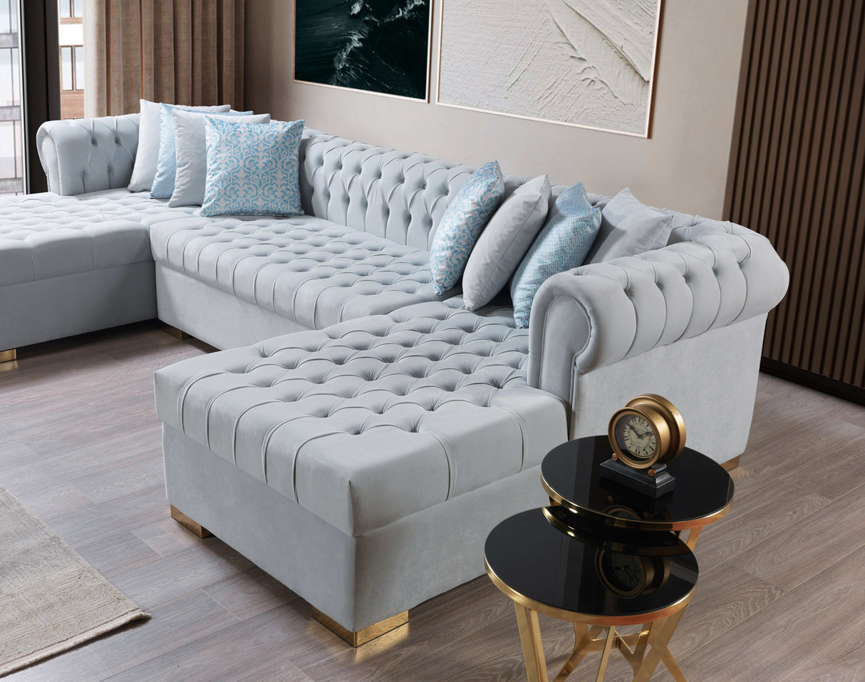 Eleanor Pearl White Velvet Double Chaise "U" Shape Sectional Sofa - Ornate Home