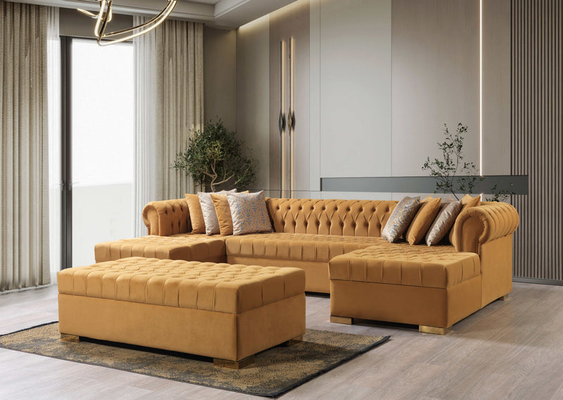 Eleanor Mustard/Gold Velvet Double Chaise "U" Shape Sectional Sofa