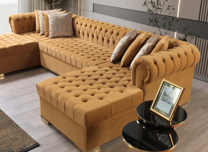 Eleanor Mustard/Gold Velvet Double Chaise "U" Shape Sectional Sofa