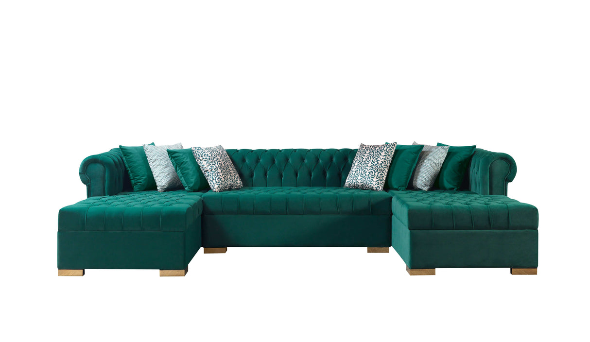 Eleanor Green Velvet Double Chaise "U" Shape Sectional Sofa - Ornate Home