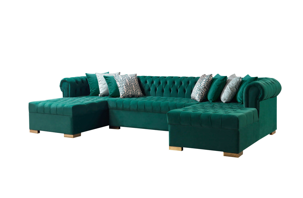 Eleanor Green Velvet Double Chaise "U" Shape Sectional Sofa - Ornate Home