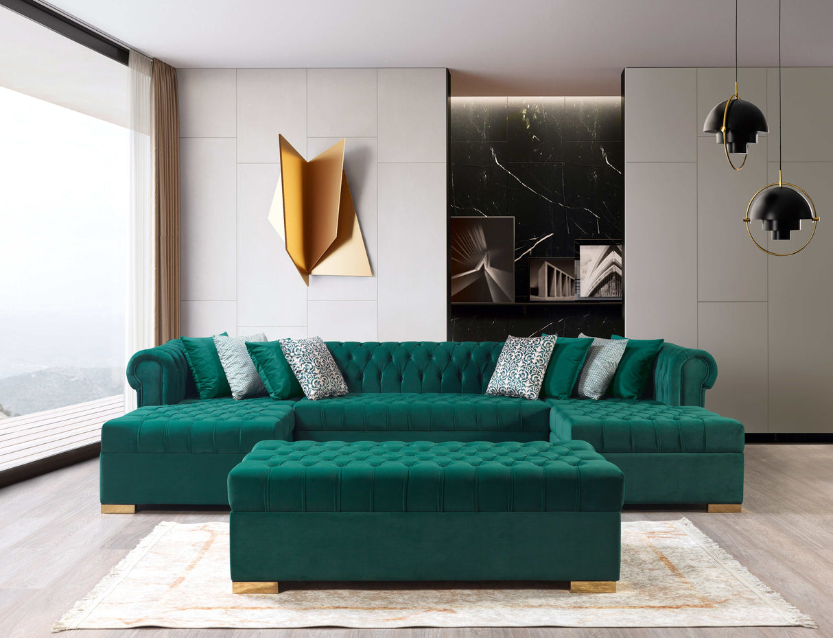 Eleanor Green Velvet Double Chaise "U" Shape Sectional Sofa - Ornate Home