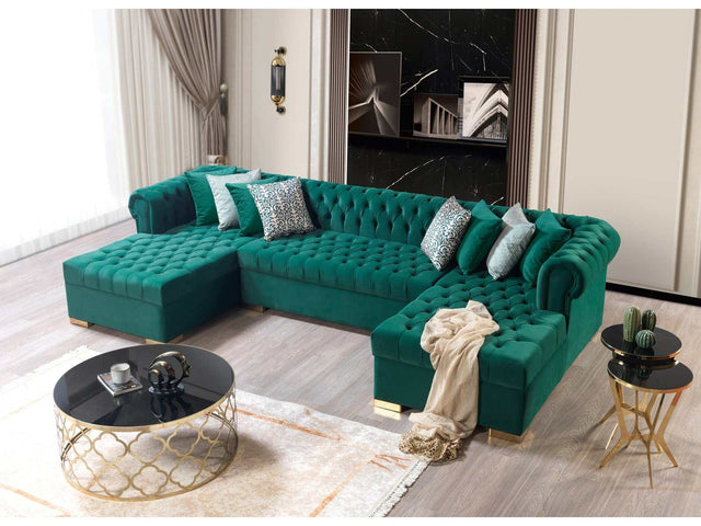 Eleanor Green Velvet Double Chaise "U" Shape Sectional Sofa - Ornate Home