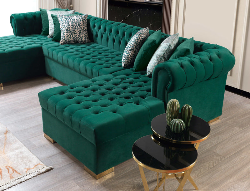 Eleanor Green Velvet Double Chaise "U" Shape Sectional Sofa - Ornate Home