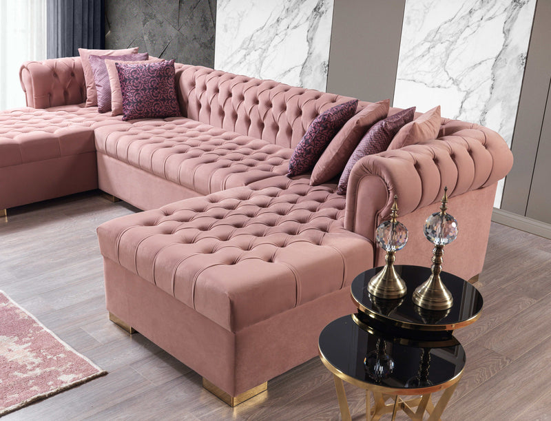 Eleanor Pink Velvet Double Chaise "U" Shape Sectional Sofa - Ornate Home