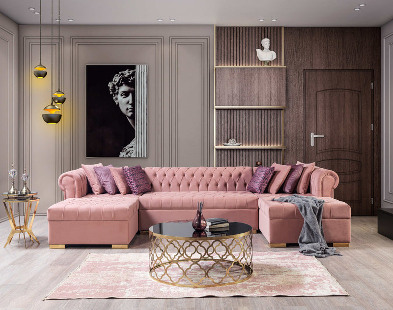 Eleanor Pink Velvet Double Chaise "U" Shape Sectional Sofa - Ornate Home