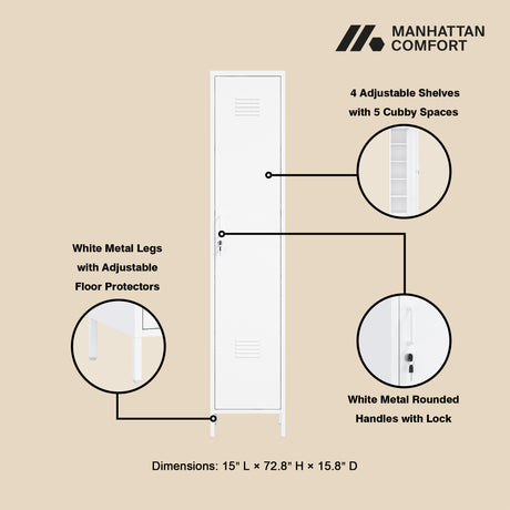 Naomi 15" Single Locker Storage Cabinet in White - Ornate Home
