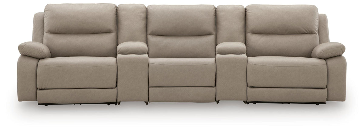 Narwhal Place Pebble 5-Piece Reclining Sectional with Storage Consoles - Ornate Home