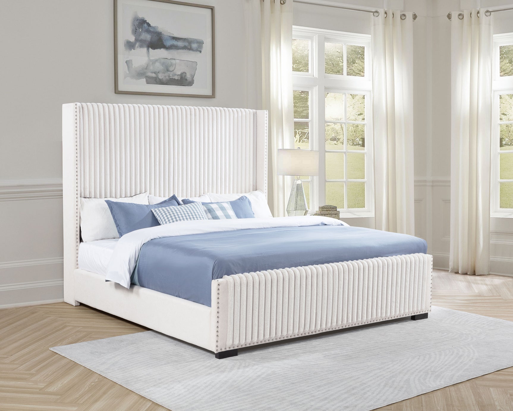 Natasha Cream Eastern King Upholstered Wingback Bed - Ornate Home