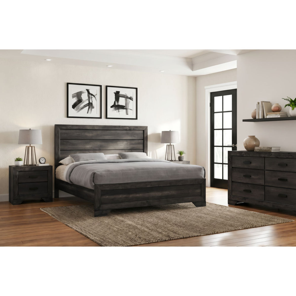 Nathan Rustic Grey 4-Piece King Bedroom Set with 2 Nightstands & Dresser - Ornate Home