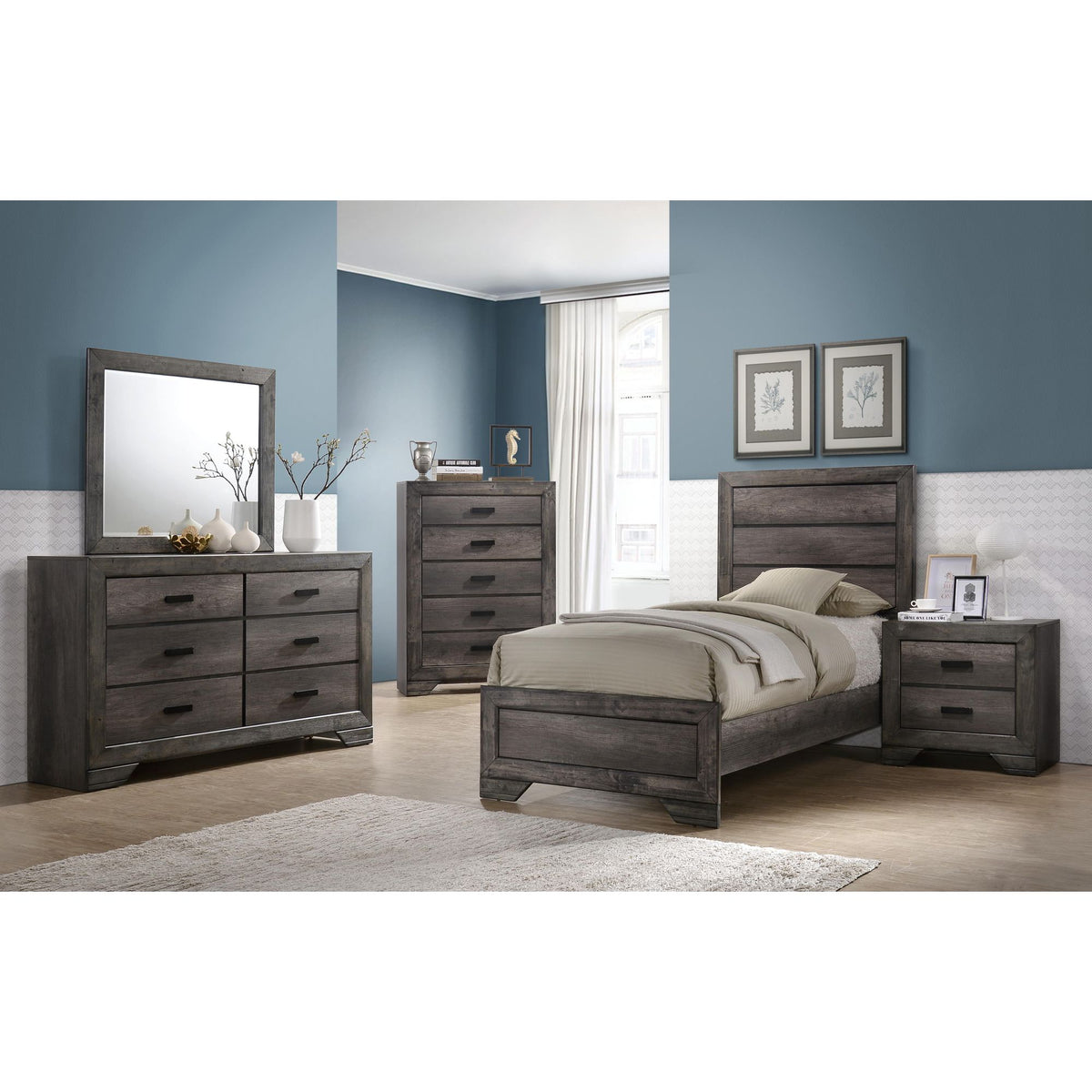 Nathan Rustic Grey 4-Piece Youth Twin Panel Bedroom Set - Ornate Home