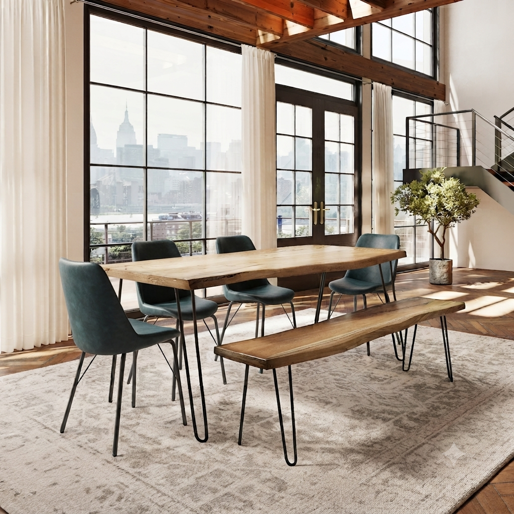 Nature's Edge Natural/Blueberry 79 Dining Table w/ 4 Maddox Chairs and Bench - Ornate Home
