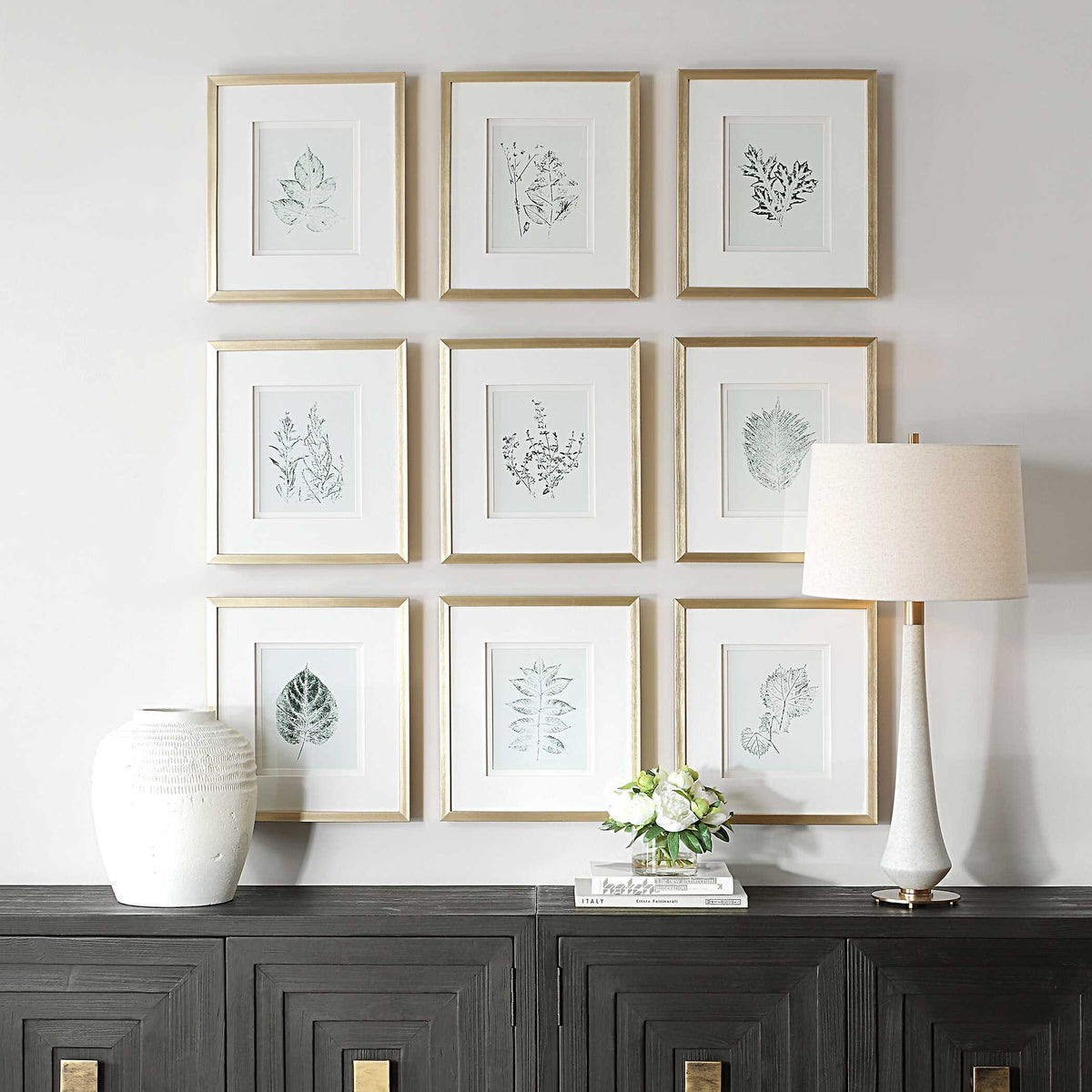 Nature's Script Gold/Green/White Framed Botanical Prints (Set of 9) - Ornate Home