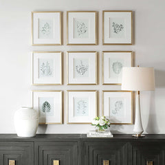 Nature's Script Gold/Green/White Framed Botanical Prints (Set of 9) - Ornate Home