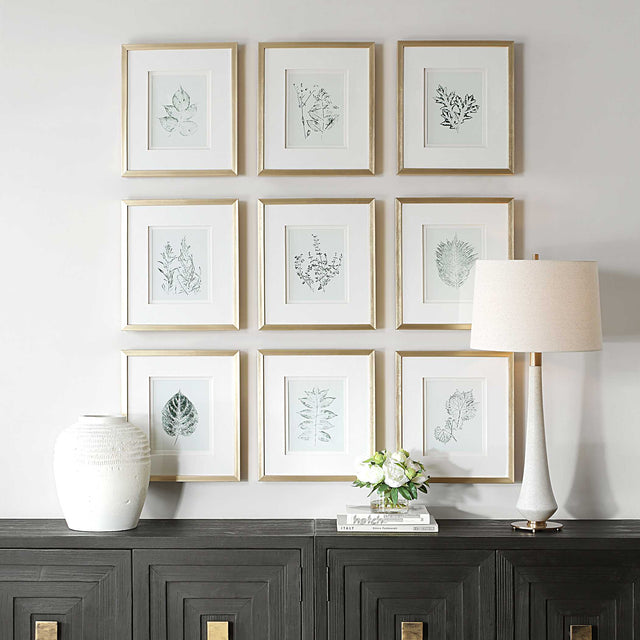 Nature's Script Gold/Green/White Framed Botanical Prints (Set of 9) - Ornate Home
