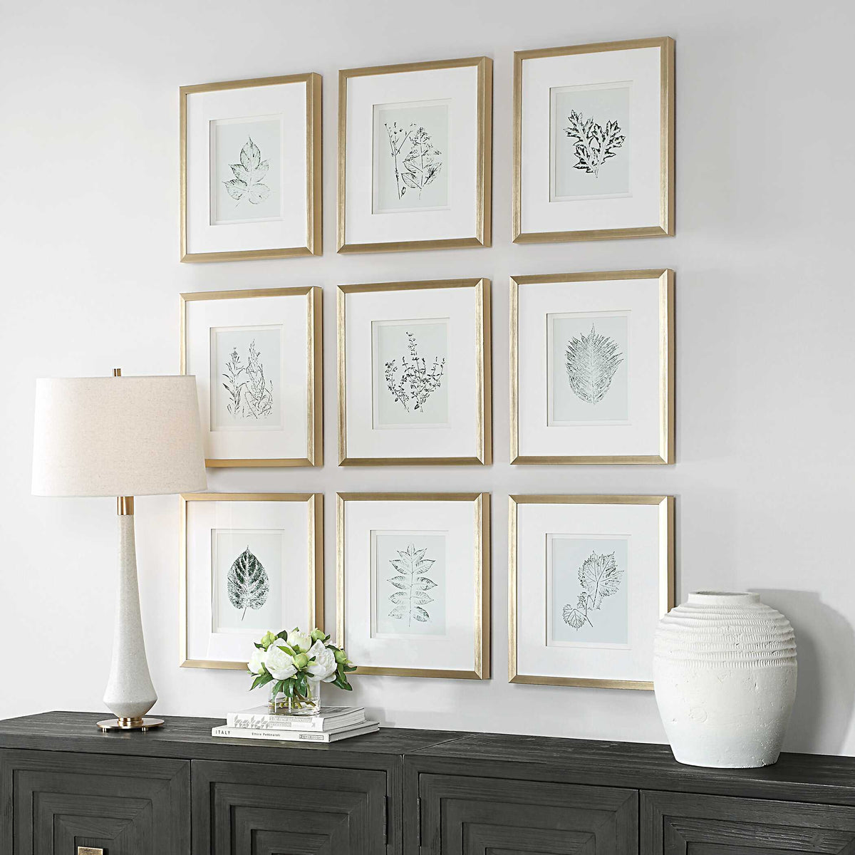 Nature's Script Gold/Green/White Framed Botanical Prints (Set of 9) - Ornate Home